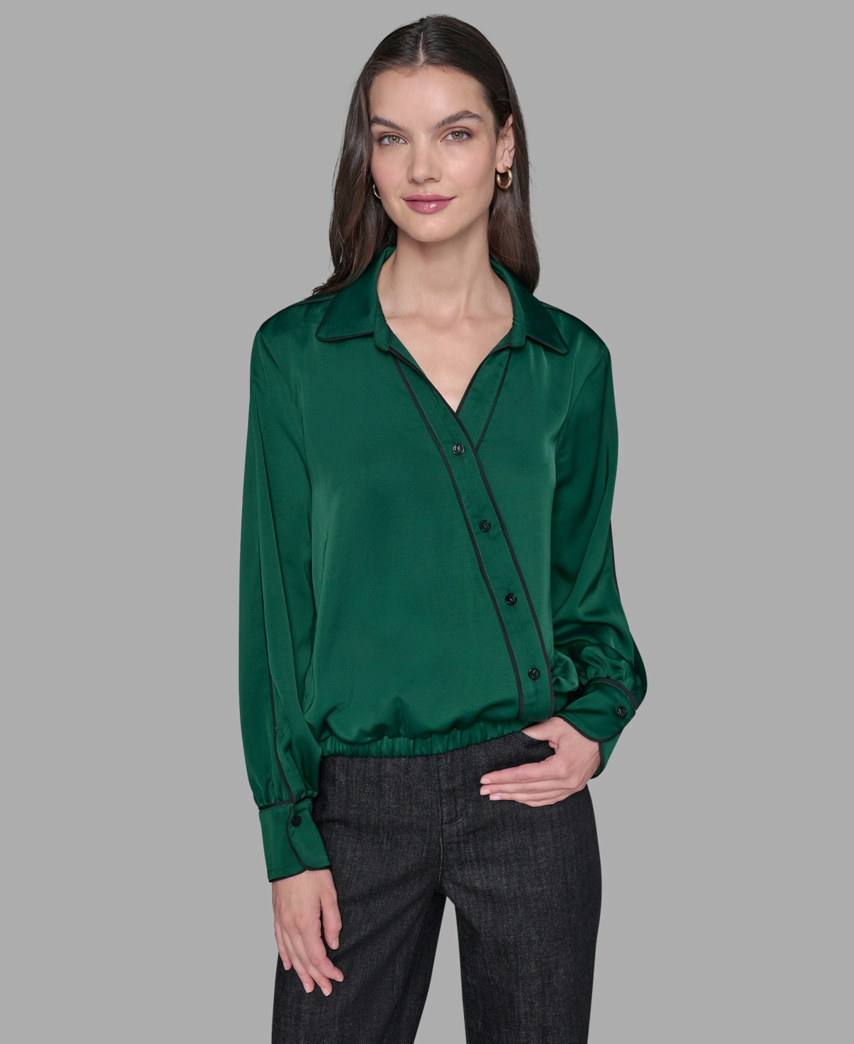 Karl Lagerfeld Petite Crossover Woven Long Sleeve Blouse In Green