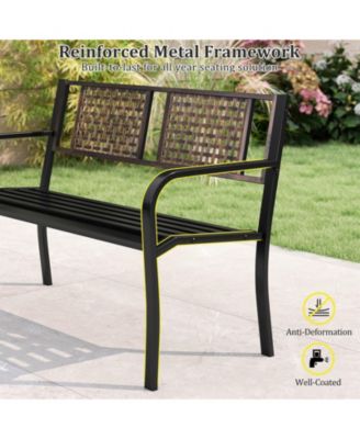 50" Outdoor Metal Park Bench with Rattan-Like Backrest & Curved Armrests
