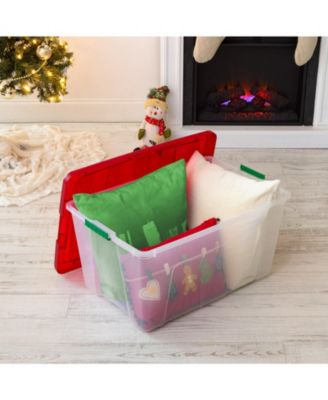 94 Quart Stackable Holiday Plastic Storage Bins with Lids and Latching Buckles, Clear/Red - 2 Pack