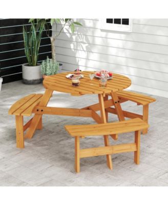 6-Person Round Picnic Table Set w/ 3 Built-in Benches 2'' Umbrella Hole
