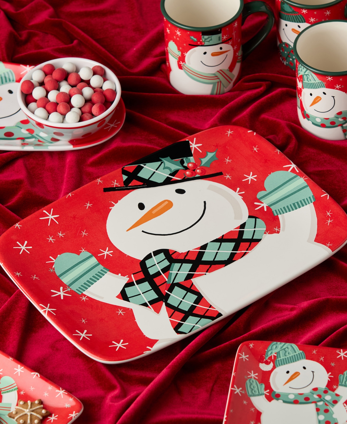 Certified International Christmas Whimsy Snowman Rectangular Platter In Red