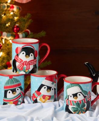 Christmas Whimsy Penguin Mugs, Set of 4