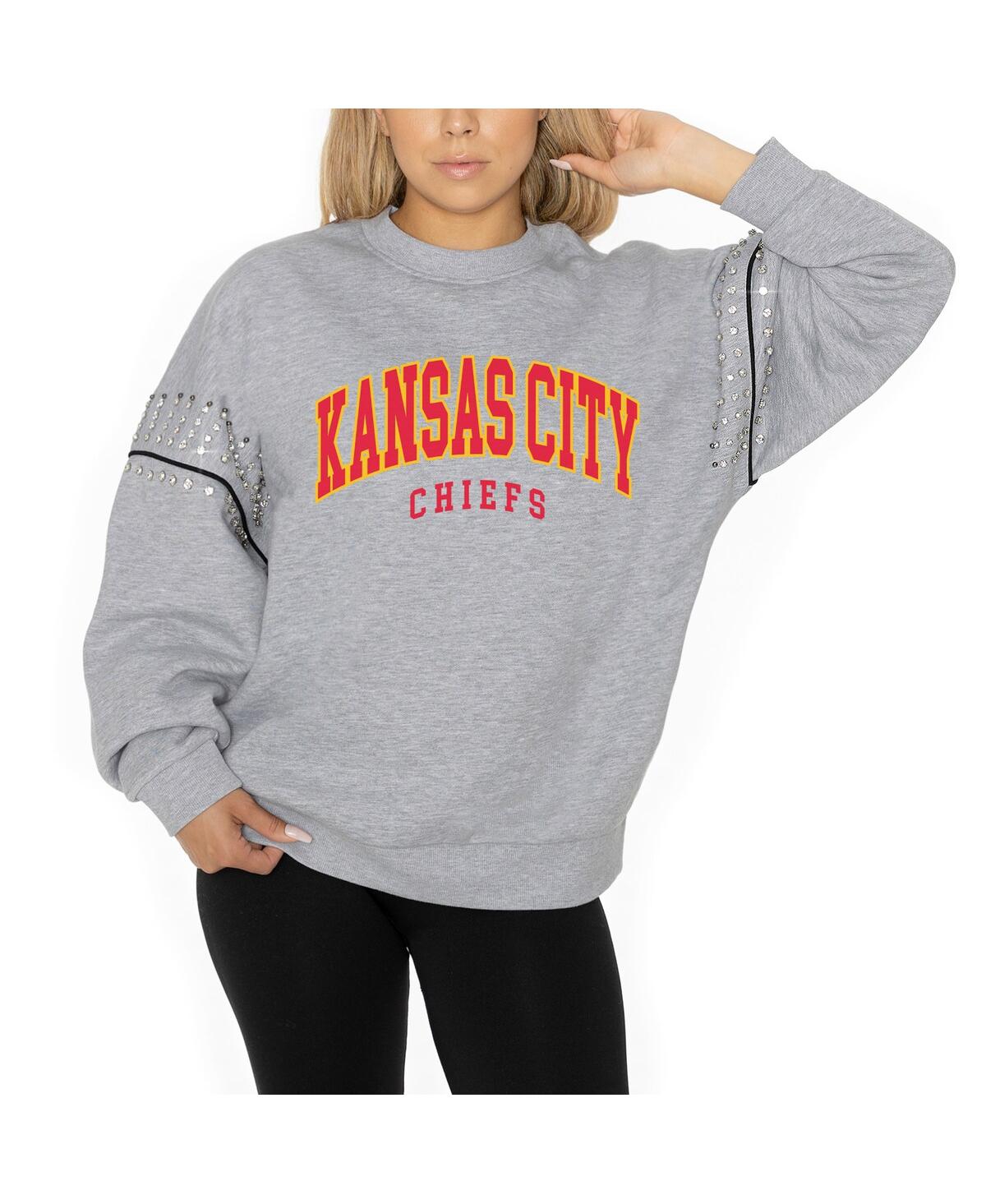 Gameday Couture Women's Ash Kansas City Chiefs Rhinestone Drop Shoulder Oversized Fleece Pullover Sweatshirt