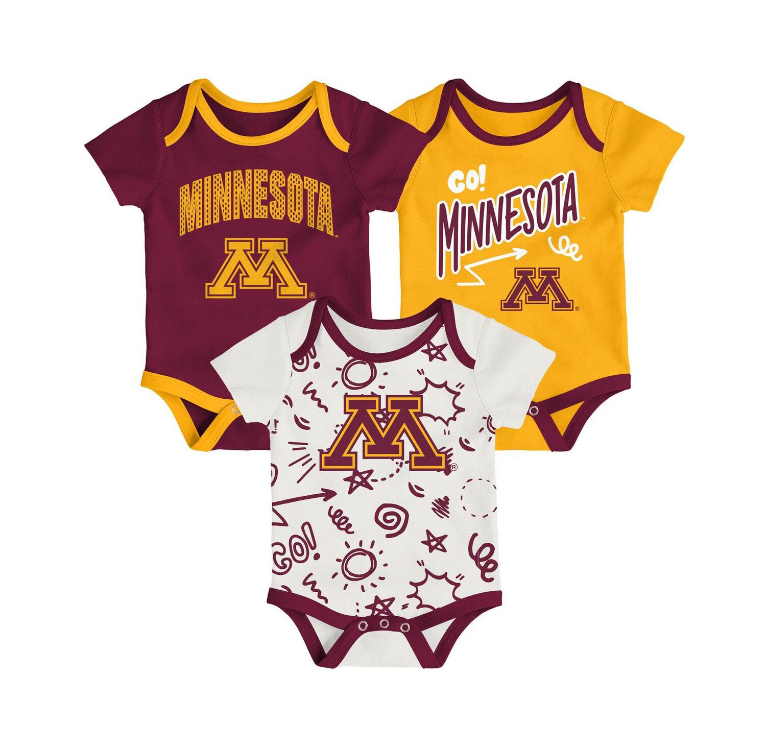 Baby Boys and Girls 3-Pack Minnesota Golden Gophers All Day Play Bodysuit Set