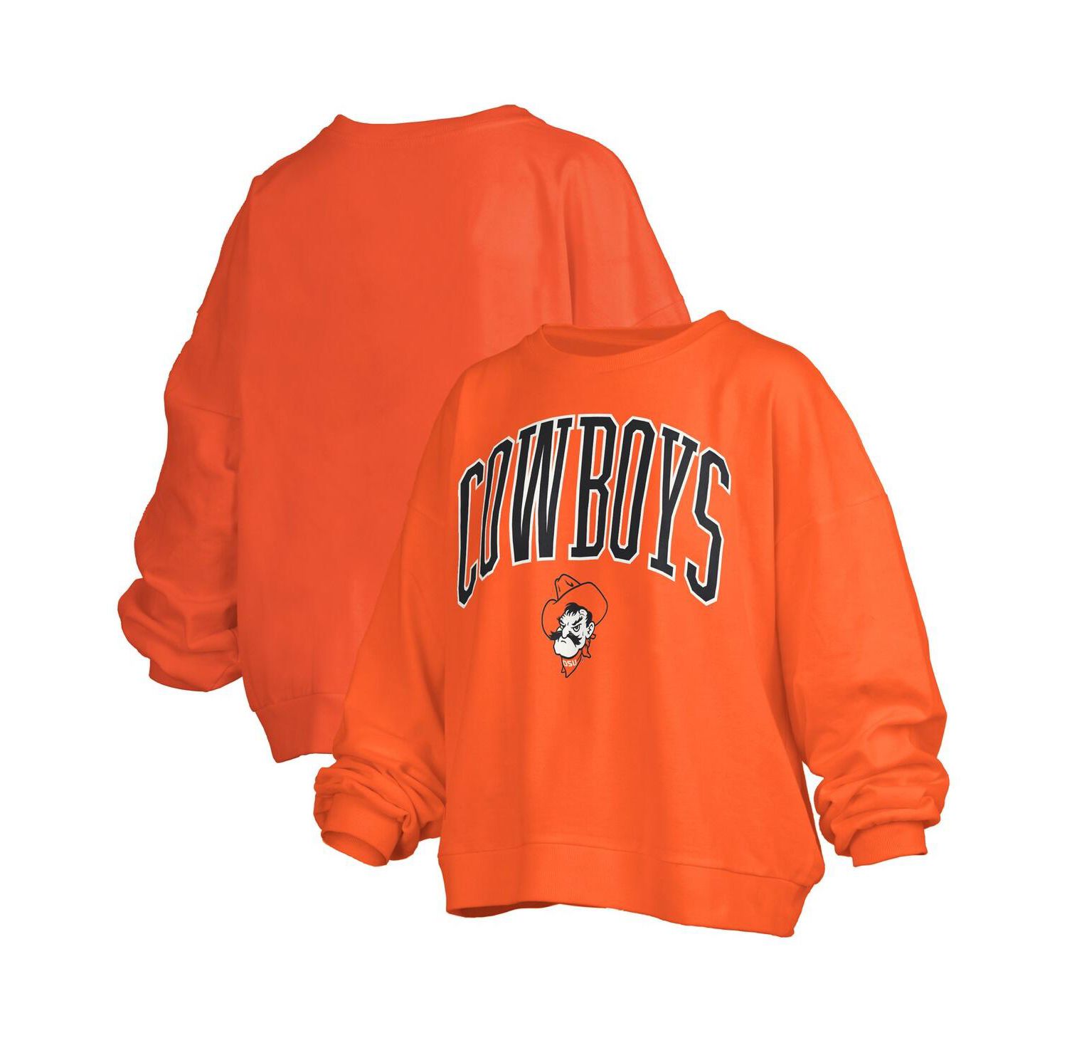 Women's Orange Oklahoma State Cowboys Janise Arch Over Logo Waist Length Oversized Pullover Sweatshirt