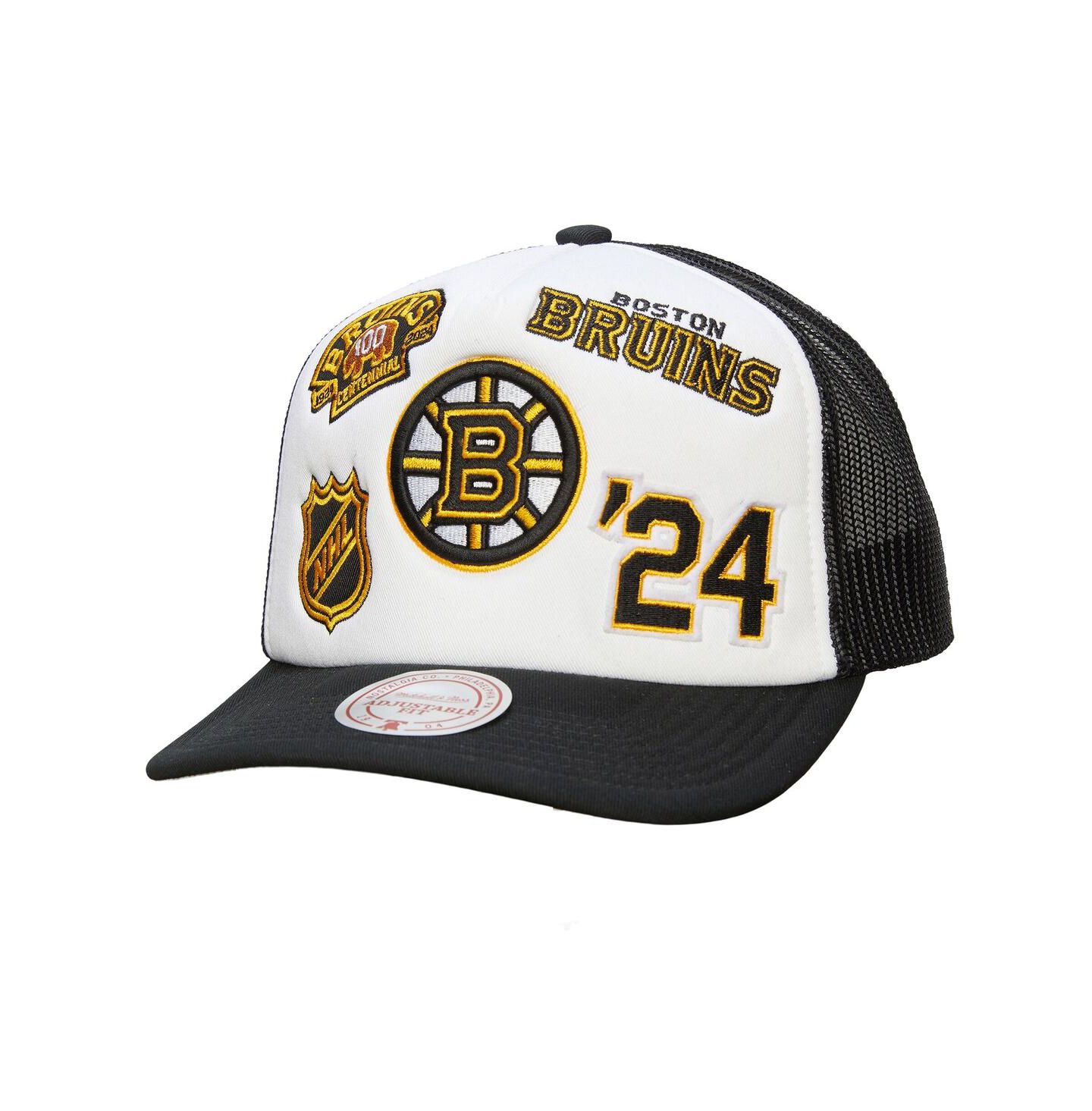 Мужская кепка Mitchell & Ness White/Black Boston Bruins Gridlock Trucker Adjustable Hat — фото 1