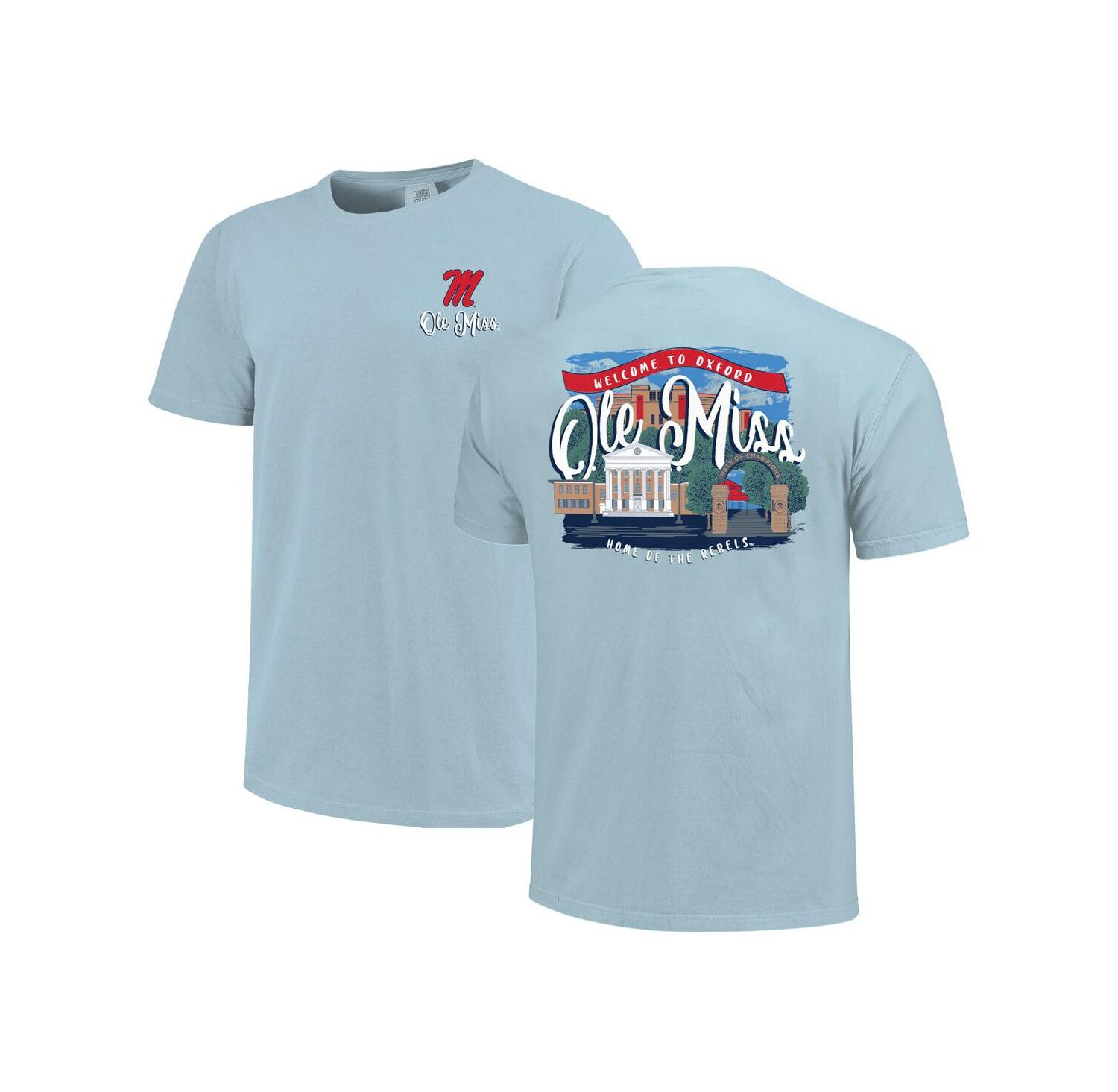 Women's Blue Ole Miss Rebels Comfort Colors Campus Scene Drawing Script T-Shirt