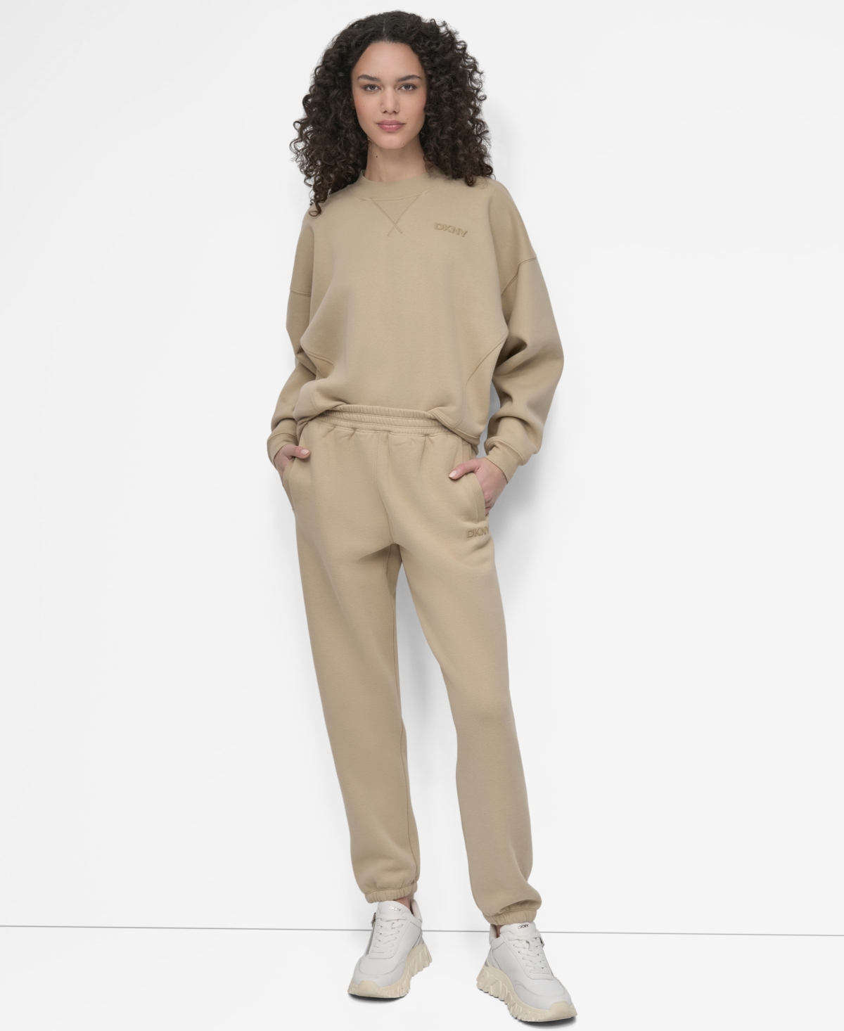 Dkny Logo High Waist Relaxed Joggers In Brown