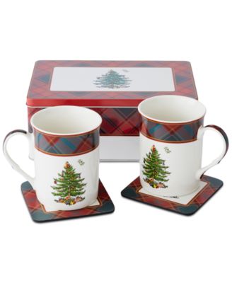 Spode - Christmas Tree Tartan 5-Pc. Mug & Tin Coaster Set