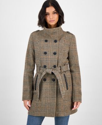 BCX - Juniors' Plaid Funnel-Neck Trench Coat