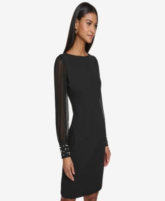 Women's Illusion-Sleeve Beaded-Cuff Dress