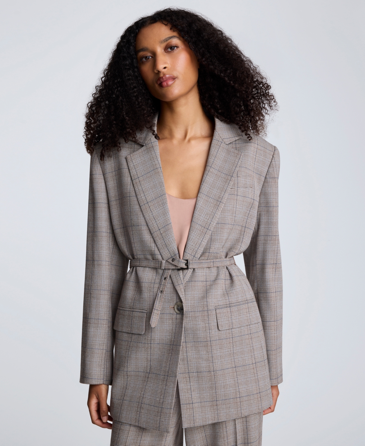 Kenneth Cole Belted Plaid One-button Blazer In Multi