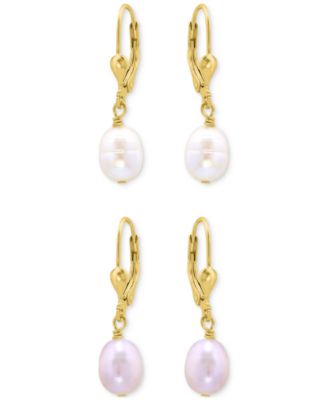 Giani Bernini - 2-Pc. Set White & Pink Oval Cultured Freshwater Pearl Leverback Drop Earrings in 18k Gold-Plated Sterling Silver