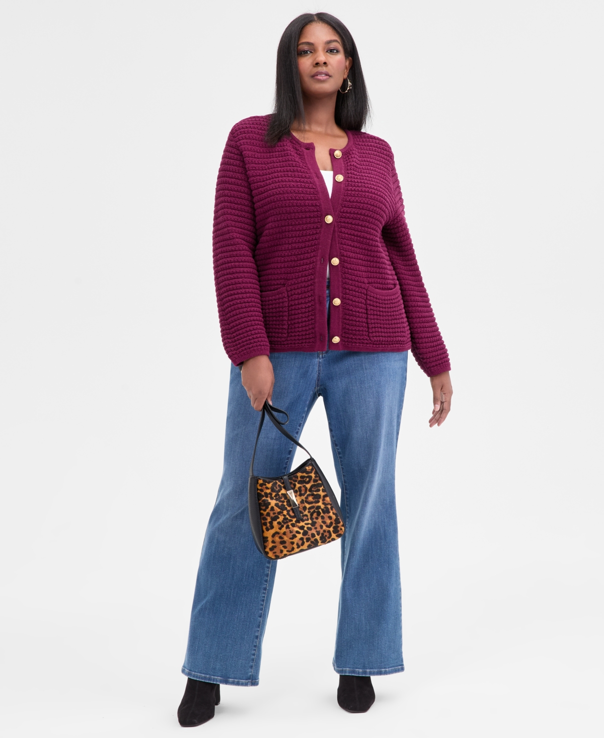 Inc International Concepts Plus Size Textured Button-front Cardigan, Macy's Exclusive In Purple