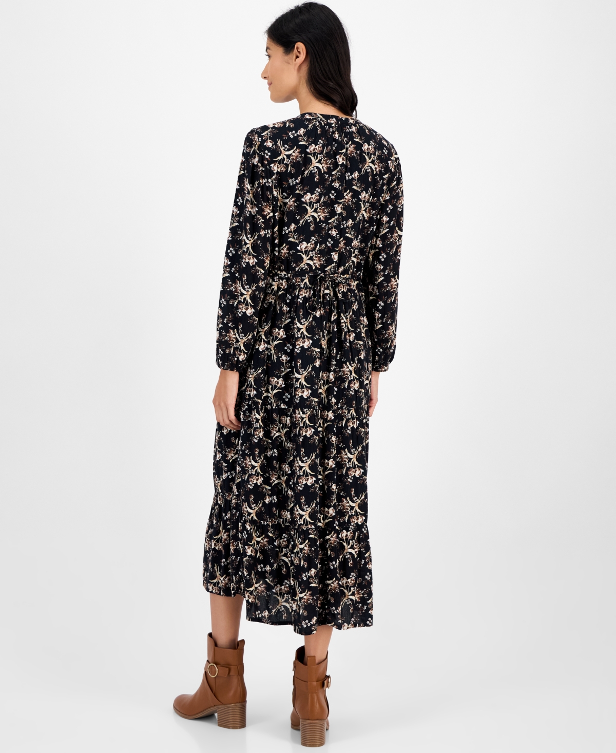 Style & Co Petite Essex Floral Tiered Button-front Dress, Macy's Exclusive In Black