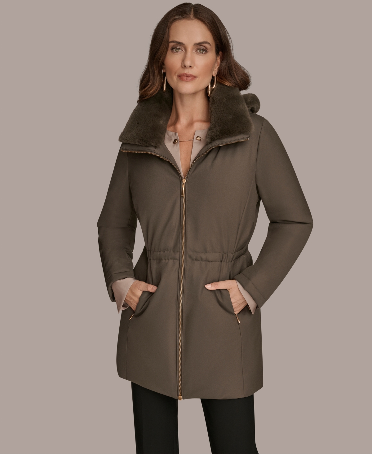 Donna Karan Women's Faux-fur-collar Short Puffer Coat In Brown