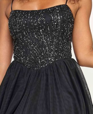 Juniors' Sequin Top Tulle Bottom Short Dress