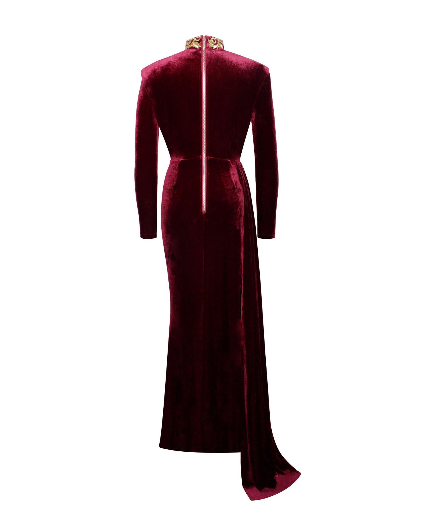 Women Zenaida Burgundy Cutout High Slit Velvet Gown