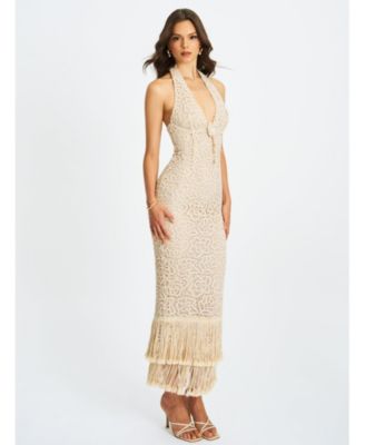 Women Faelyn Off-White Double Fringe Crochet Halter Maxi Dress