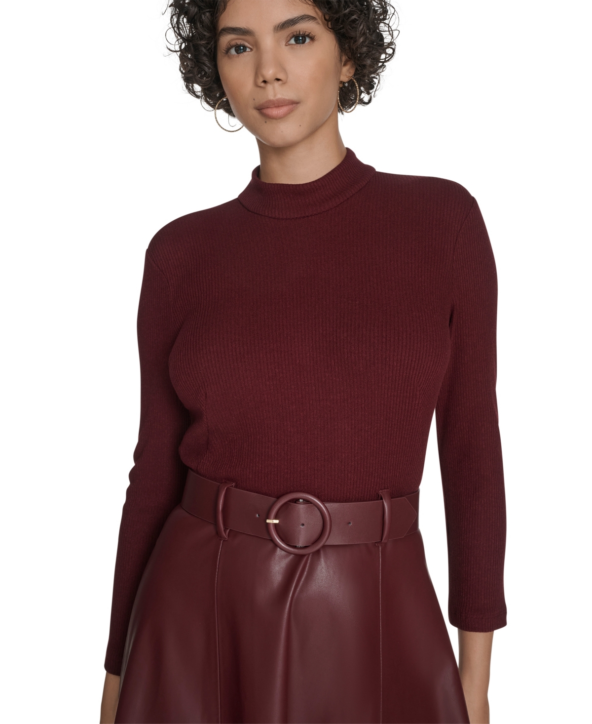 Calvin Klein Women's Pleather Combo Midi Dress In Burgundy