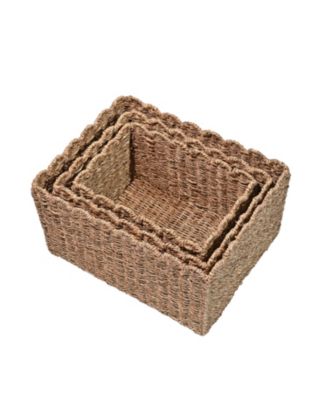 Arden Coastal Cottage Seagrass Scalloped Rectangular Organizing Storage Baskets (Set of 3)