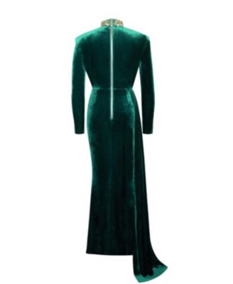 Women Zenaida Emerald Green Cutout High Slit Velvet Gown