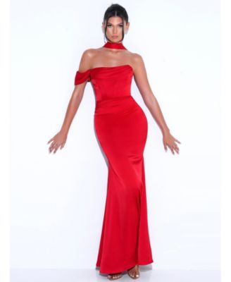 Women Ivona Red Halter Neck Double Duchess Satin Gown