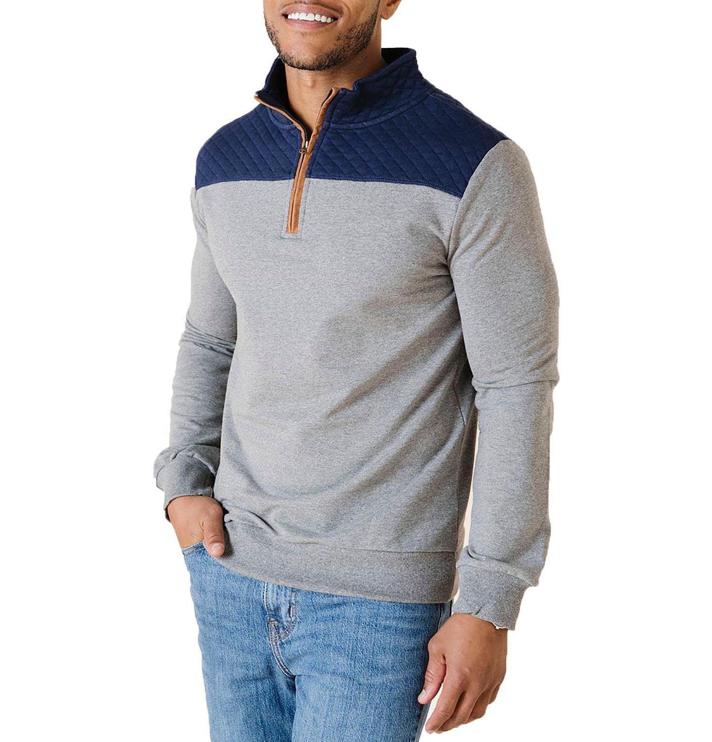 Мужской свитер Hope & Henry Organic French Terry Half Zip Pullover with Quilted Yoke, цвет: Тёмно-синий / Серый — фото 1