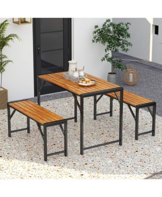 3 PCS Dining Set for 4 People Outdoor Picnic Table & 2 Benches w/ Metal Frame