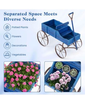 Patio Wooden Garden Flower Planter Wagon Plant Bed W/ Wheel Garden Yard  24.5'' x 13.5'' x 24''