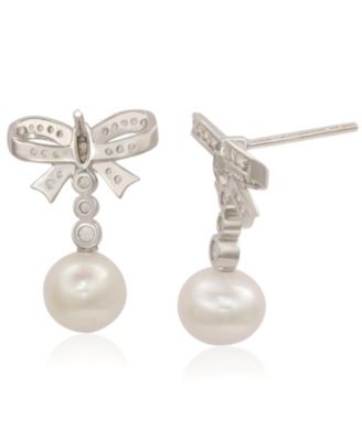 Suzy Levian Sterling Silver Pearl & White Sapphire Bow Earrings
