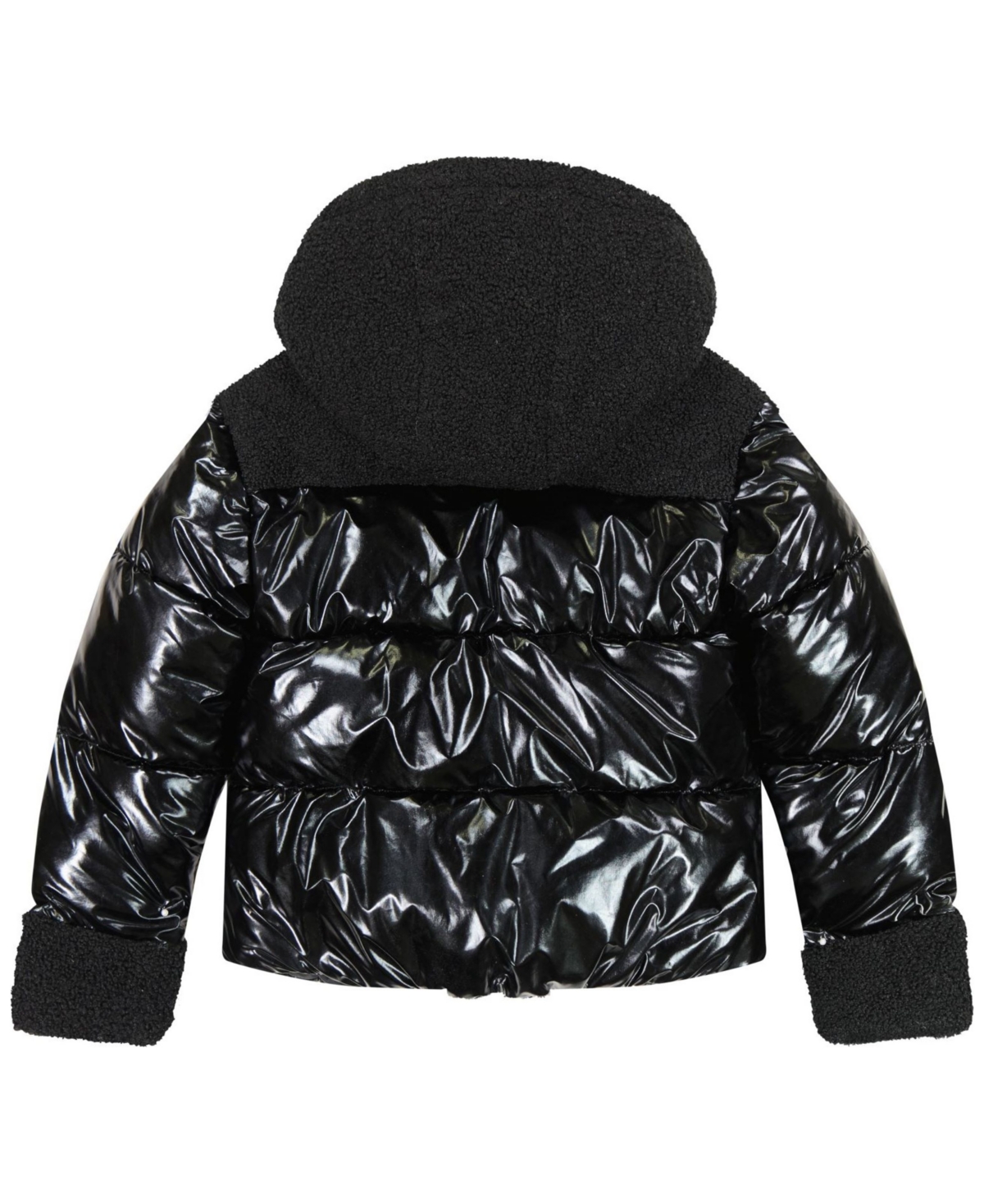 Sam Edelman Shimmer Cargo Pocket Faux Shearling Hooded Puffer Jacket In Black