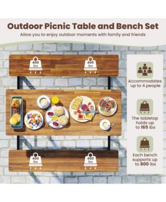 Outdoor Picnic Table for 4 Acacia Wood Rectangular Picnic Table w/ 2 Built-in Benches