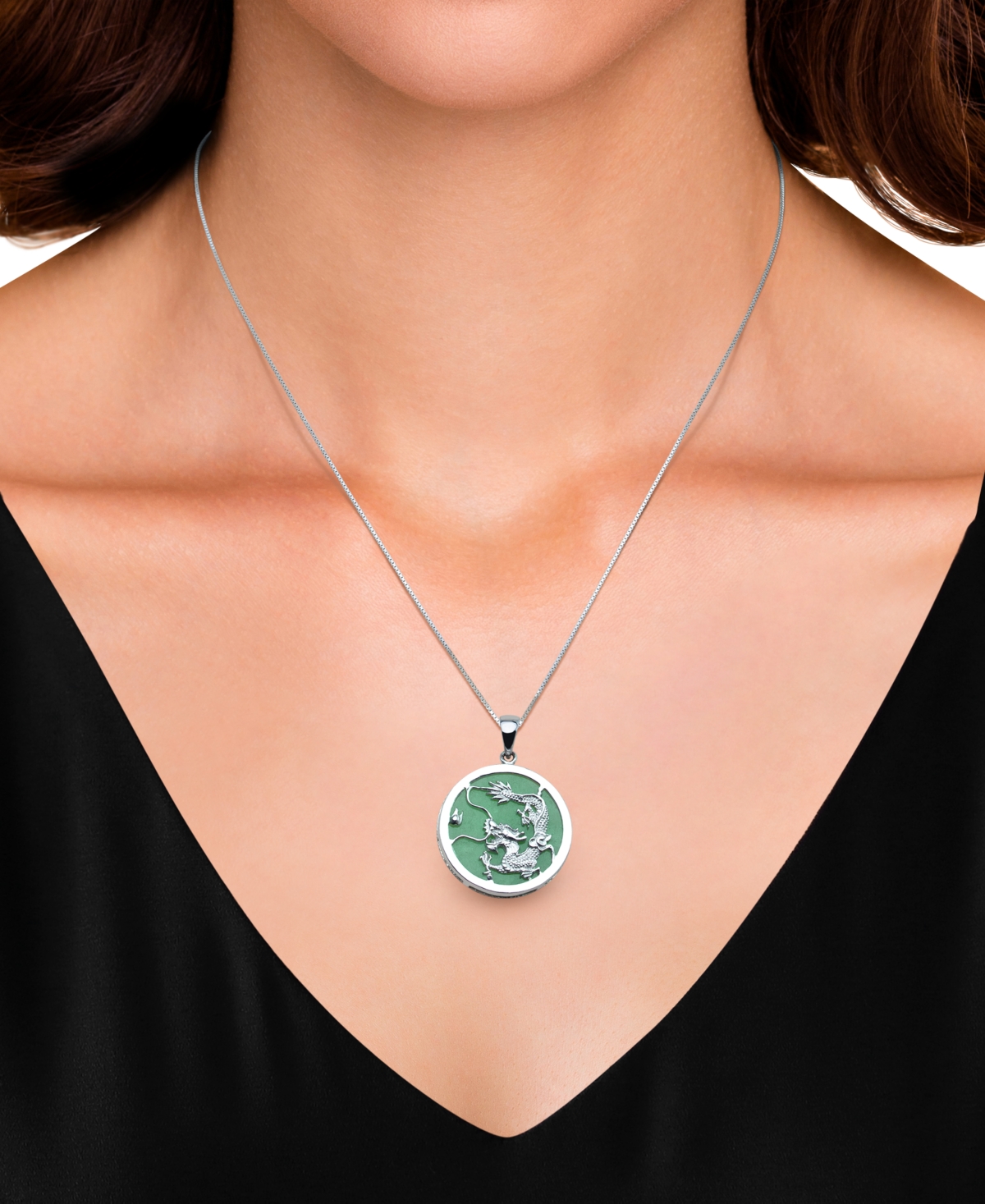 Macy's Dyed Green Jade Dragon Disc 18" Pendant Necklace In Sterling Silver In Green