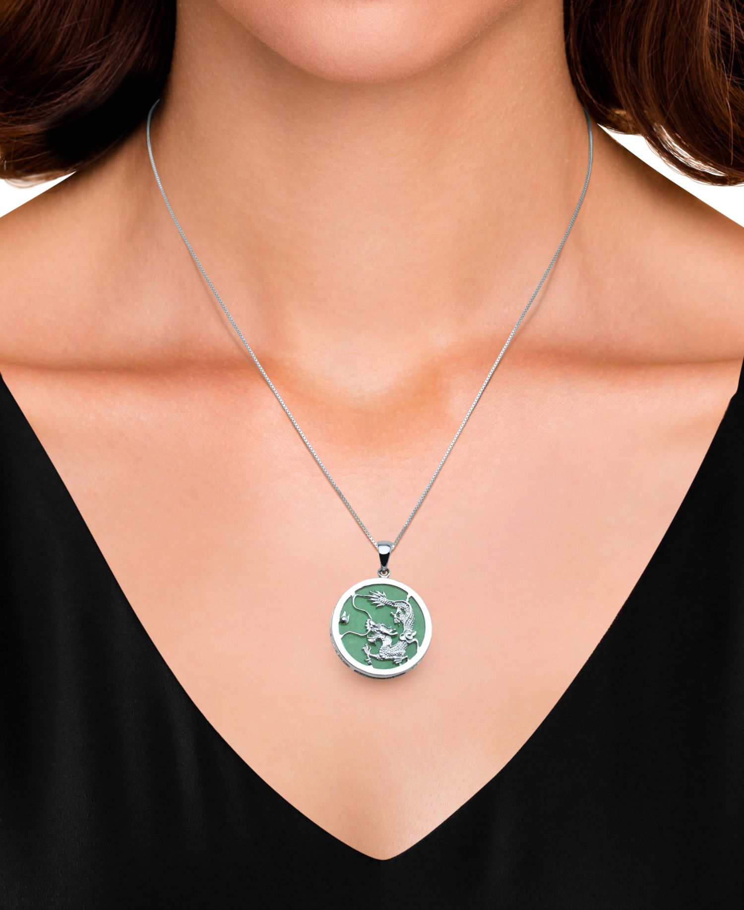 Dyed Green Jade Dragon Disc 18" Pendant Necklace in Sterling Silver