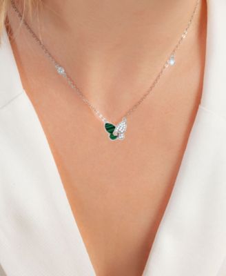 Malachite and Cubic Zirconia Butterfly Ring and Necklace Set in Sterling Silver