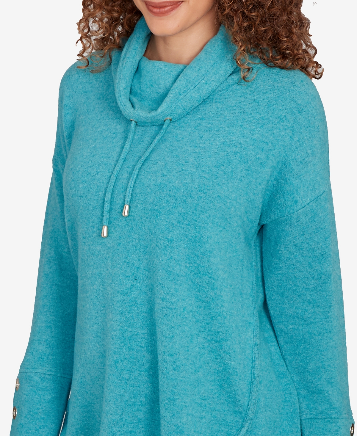 Ruby Rd. Petite Cozy Cowl Neck Drawstring Top In Blue