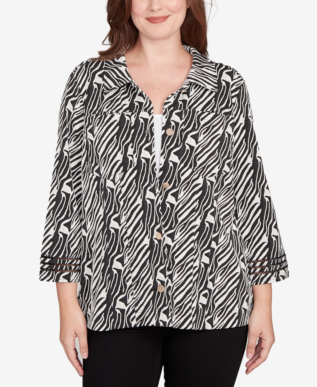 Ruby Rd. Petite Zebra Collared Knit Swing Jacket In Multi