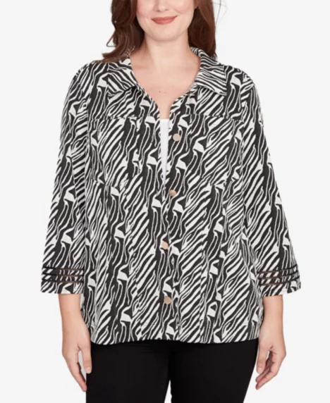 Petite Zebra Collared Knit Swing Jacket - Black Multi