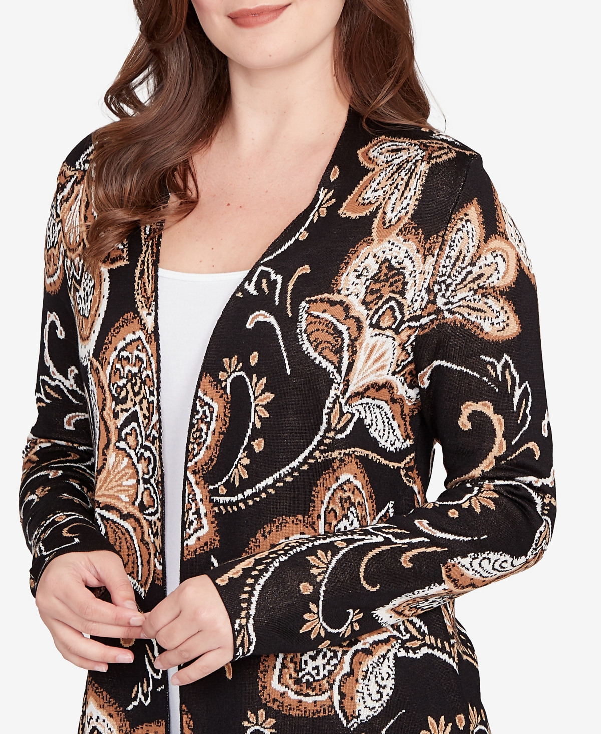 Ruby Rd. Petite Floral Jacquard Cardigan Sweater In Black