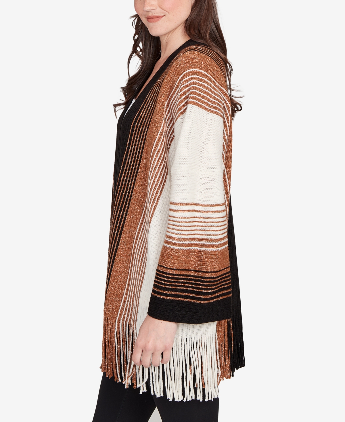 Ruby Rd. Petite Open Fringed Stripe Cardigan Sweater In Brown