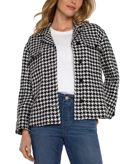 Petite Boxy Notch Collar Shacket - B/w Houndstooth