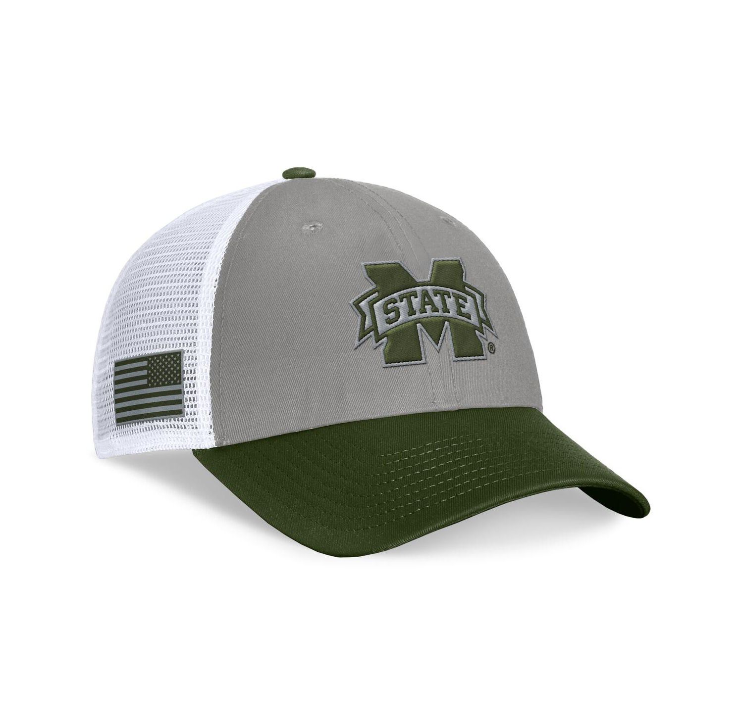 Men's Gray/Green Mississippi State Bulldogs OHT Military Appreciation Badge Trucker Adjustable Hat