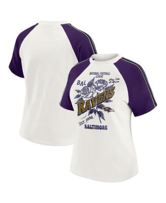 WEAR by Erin Andrews - Women's White Baltimore Ravens Sleeve Stripe Distressed Raglan T-Shirt