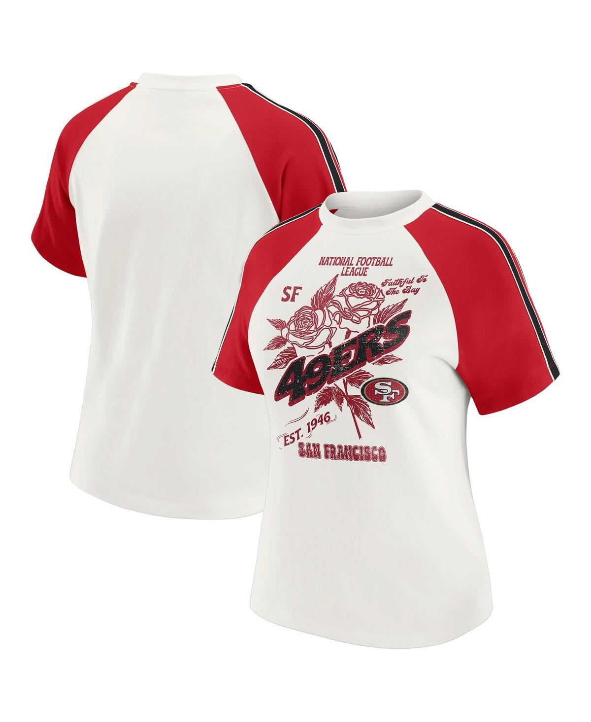 Wear By Erin Andrews White San Francisco 49ers Sleeve Stripe Distressed Raglan T-shirt In White