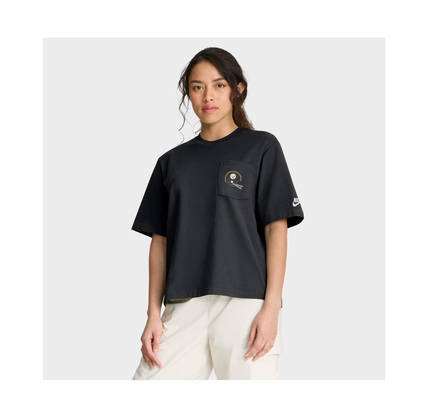 Women's Black Pittsburgh Steelers Rewind Pocket Boxy T-Shirt