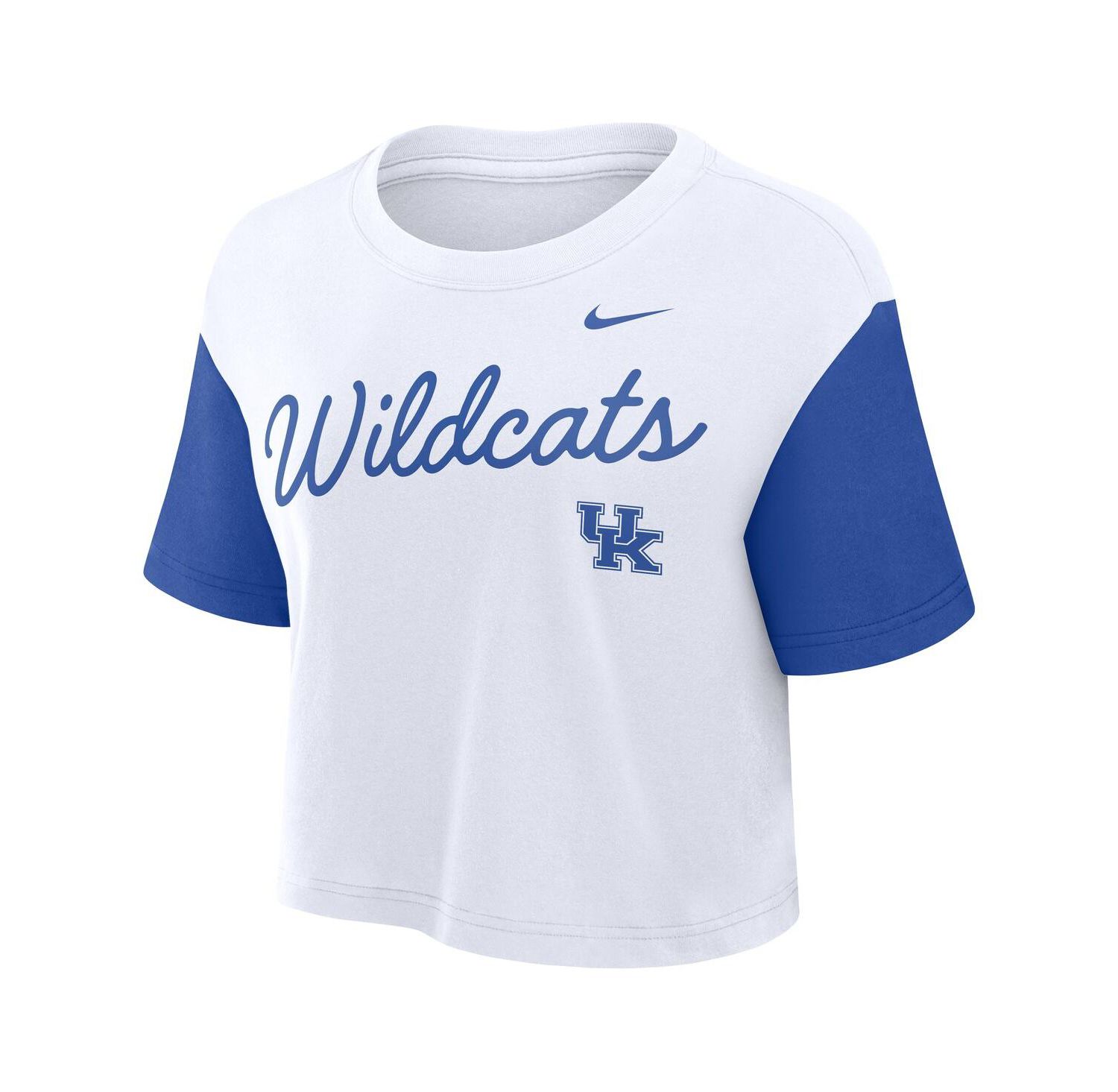 Women's White/Royal Kentucky Wildcats Color Block Script Performance Cropped T-Shirt
