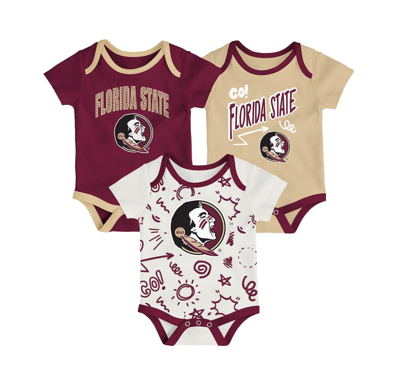 Baby Boys and Girls 3-Pack Florida State Seminoles All Day Play Bodysuit Set