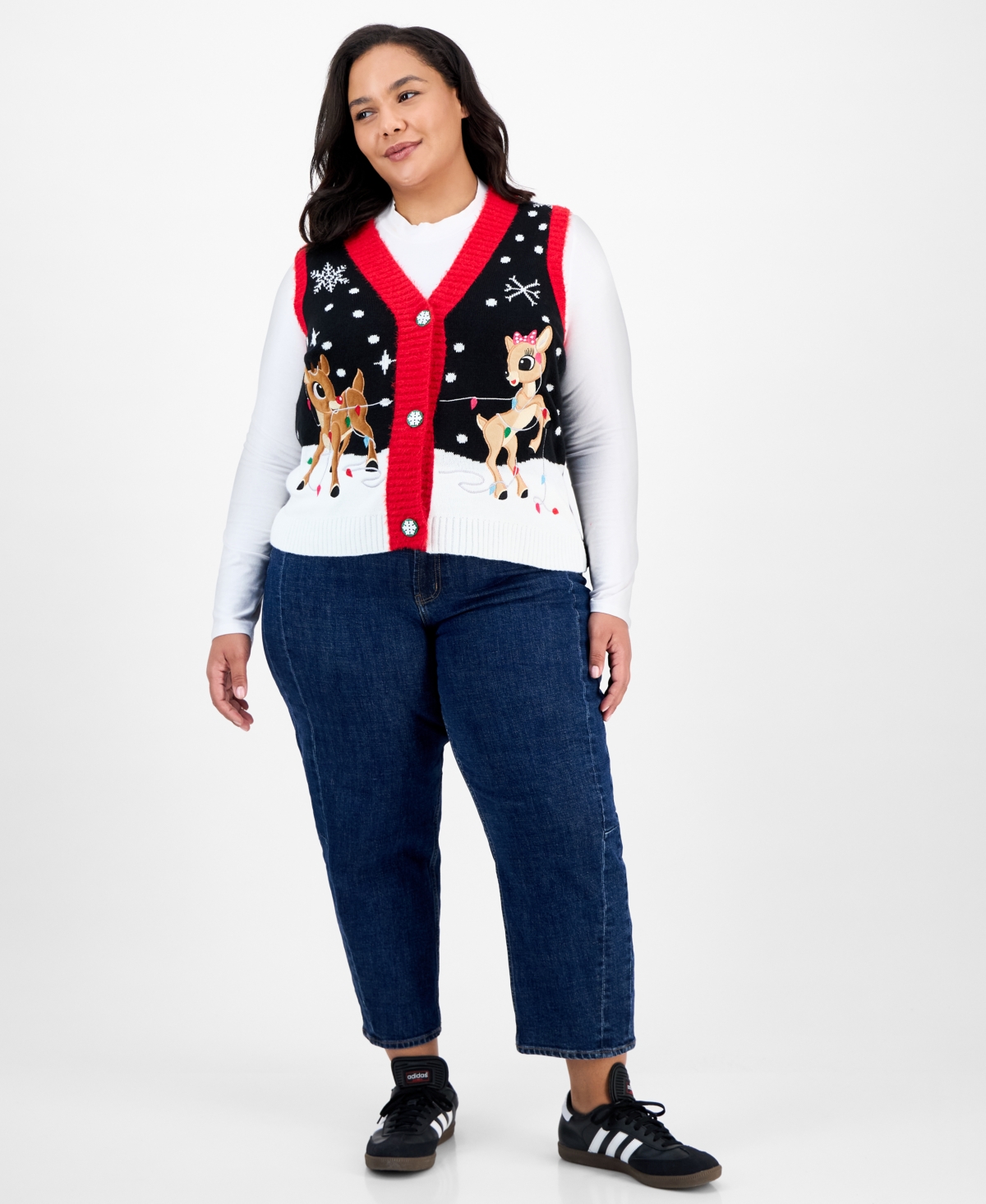 It's Our Time Trendy Plus Rudolf V-neck Button-front Vest In Black