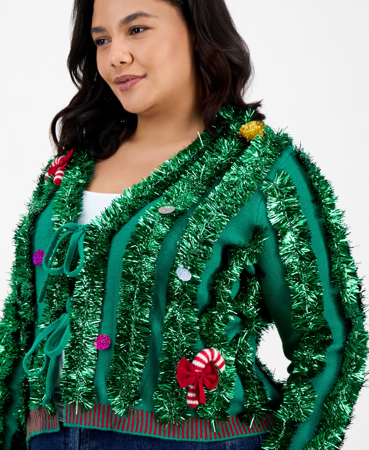 It's Our Time Trendy Plus Cropped Tinsel Long-sleeve Cardigan In Green